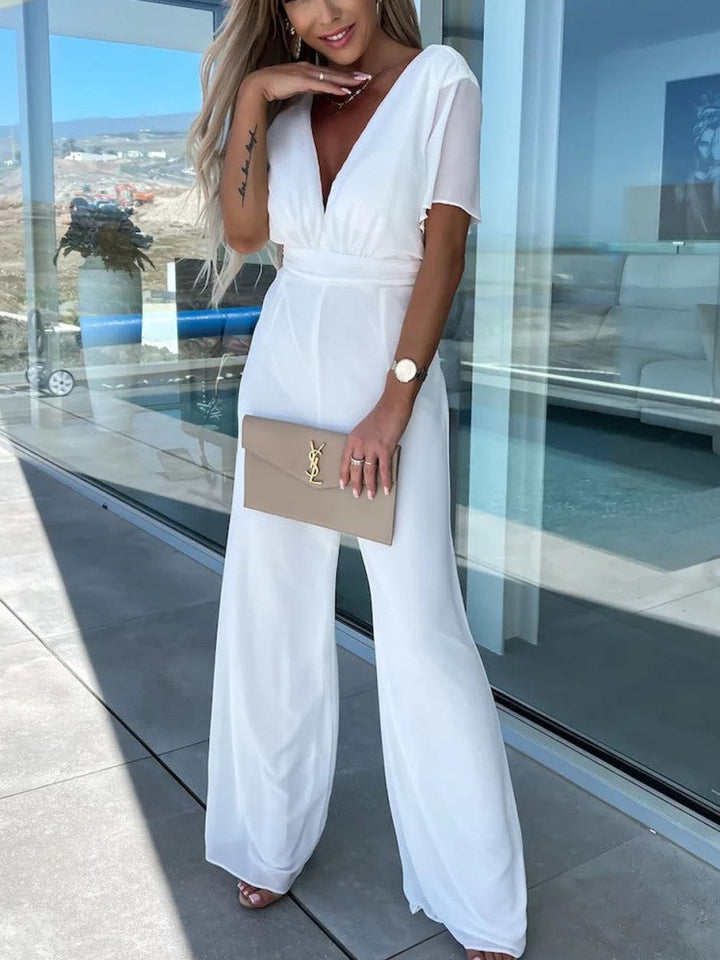 V Neck Mousseline Flutter Sleeve Jumpsuit na Puti