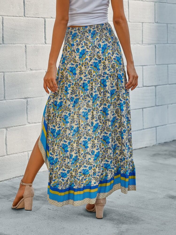 Hipisowska cygańska spódnica maxi z wysokim stanem i kwiatowym wzorem w kolorze niebieskim