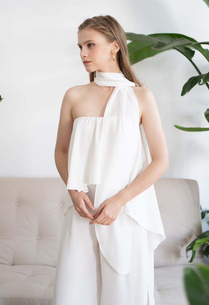 Off-Soulder Flap Tørklæde Chiffon Hvid Jumpsuit