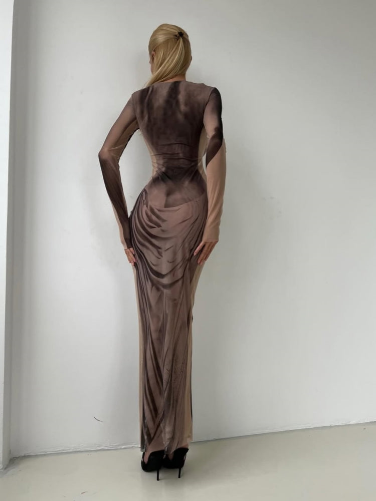 Painted-Effect Mesh Maxi Dress