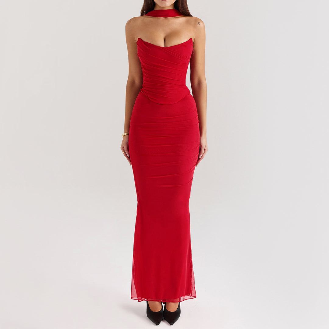 Red  Strapless Bodice and High Waist Skirt with Tie Set