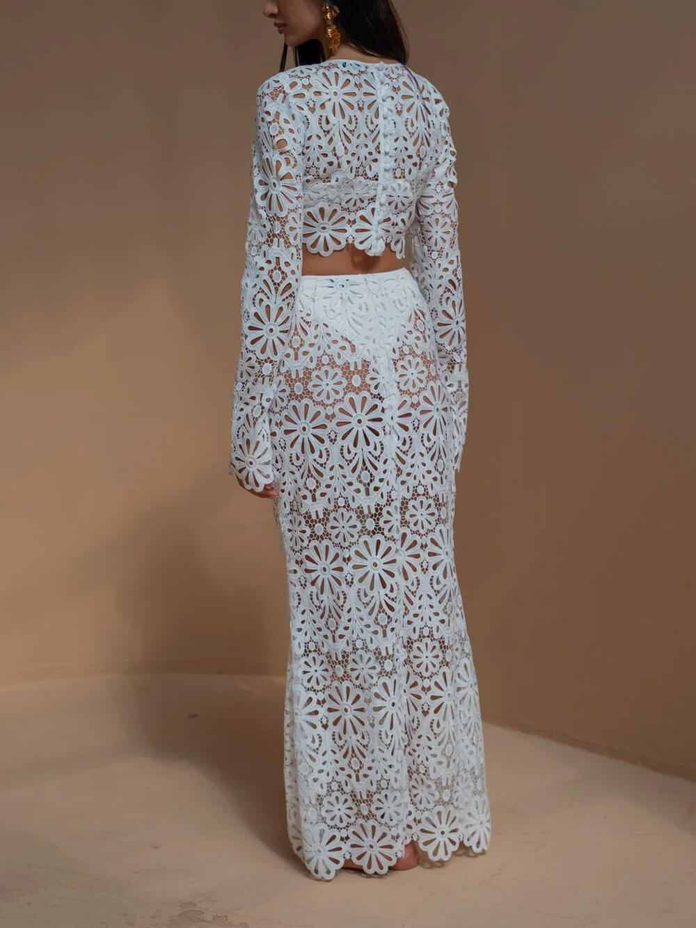 Elegant Slim Cutout Lace Top + Half-body Skirts Set
