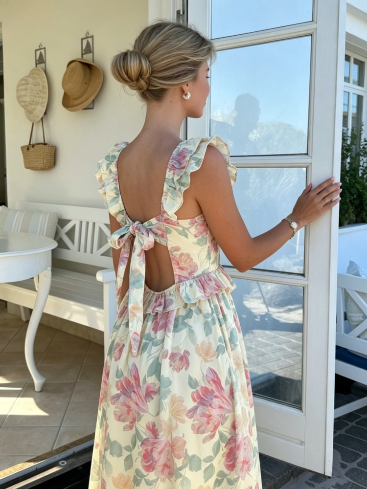 Pastel Floral Ruffle Tie-Back Maxi Dress