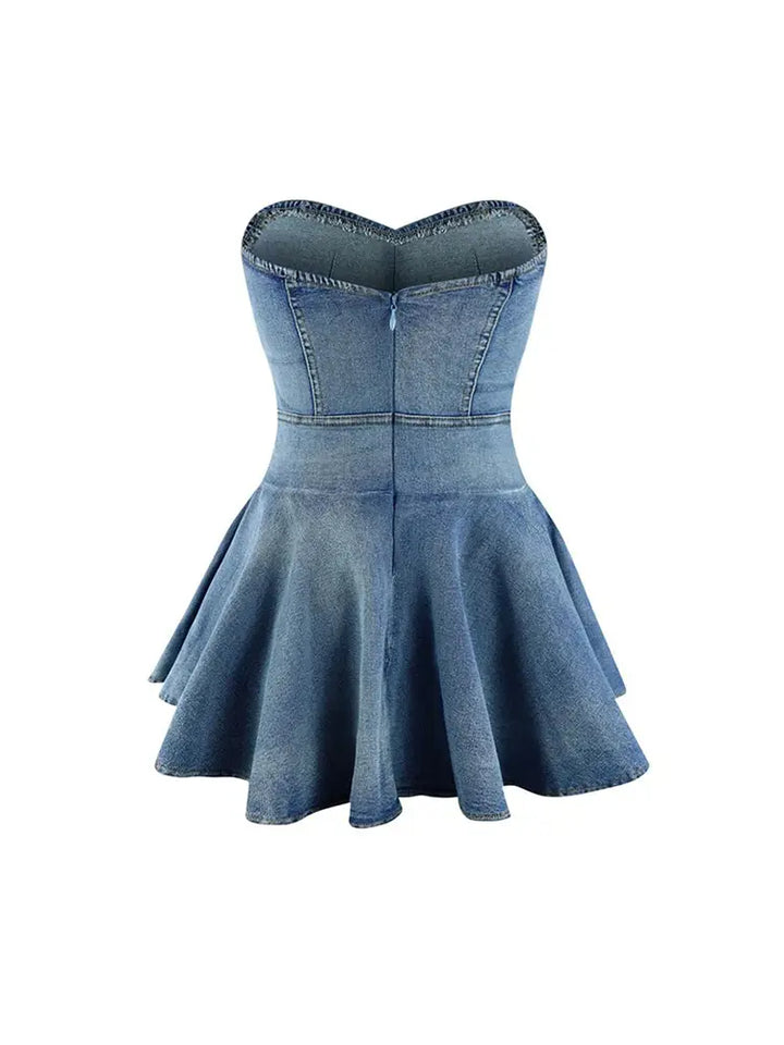 Walang strap na Ruffle Denim na Dress