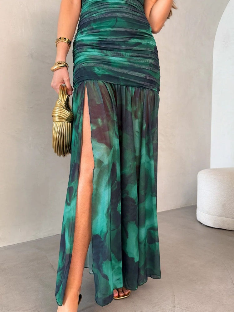 Rochie maxi cu bustieră, șliț înalt și franjuri
