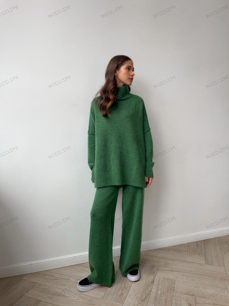 Turtleneck Split Sweater Loose Knit Pants Set