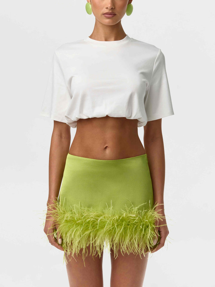 Chiffon Cape Crop Top & Satin Feather Mini Skirt