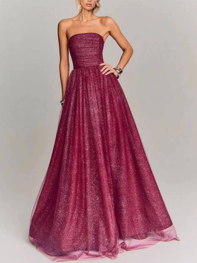 Ruched Bodice Glitter Tulle Maxi Gown With Petticoat