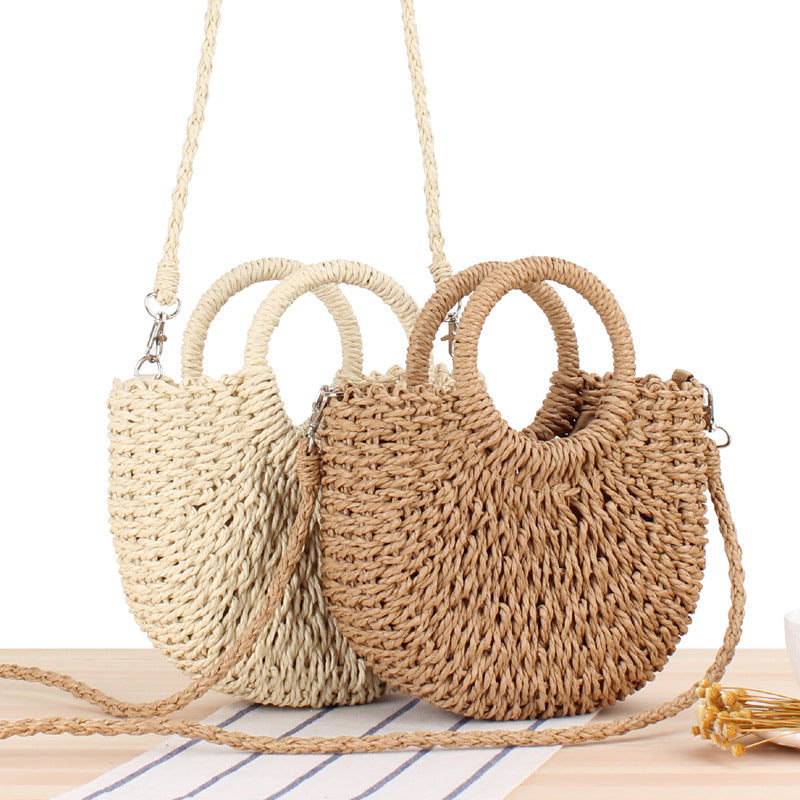 Vintage Coin Buckle Handbag: Woven Cotton Rope na may Round Rattan Handle at Diamond Hollow Pattern