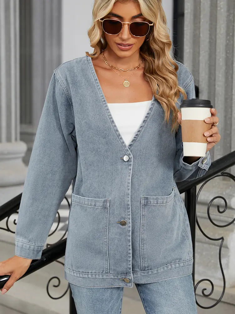 V-hals Lange Mouwen Denim Jas