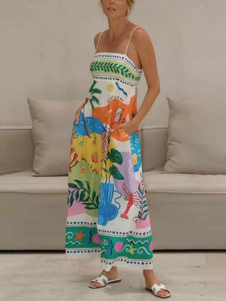 Robe mi-longue de style resort sans bretelles imprimée unique