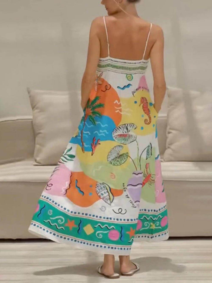 Vestido midi exclusivo estampado sem alças sem mangas estilo resort