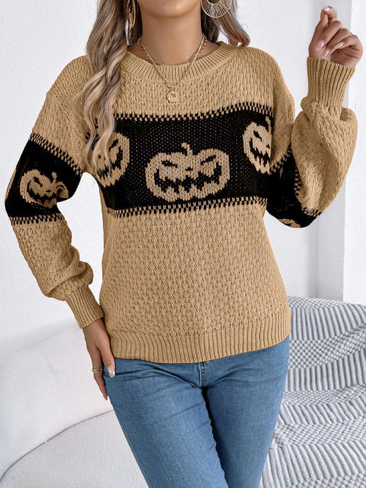 Halloween Pumpkin Head Color-Block Crew Neck strikket genser