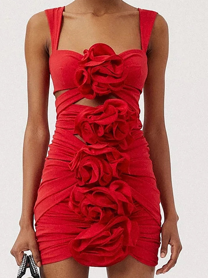 Red Cutout Floral Appliqué Strappy Swimsuit）