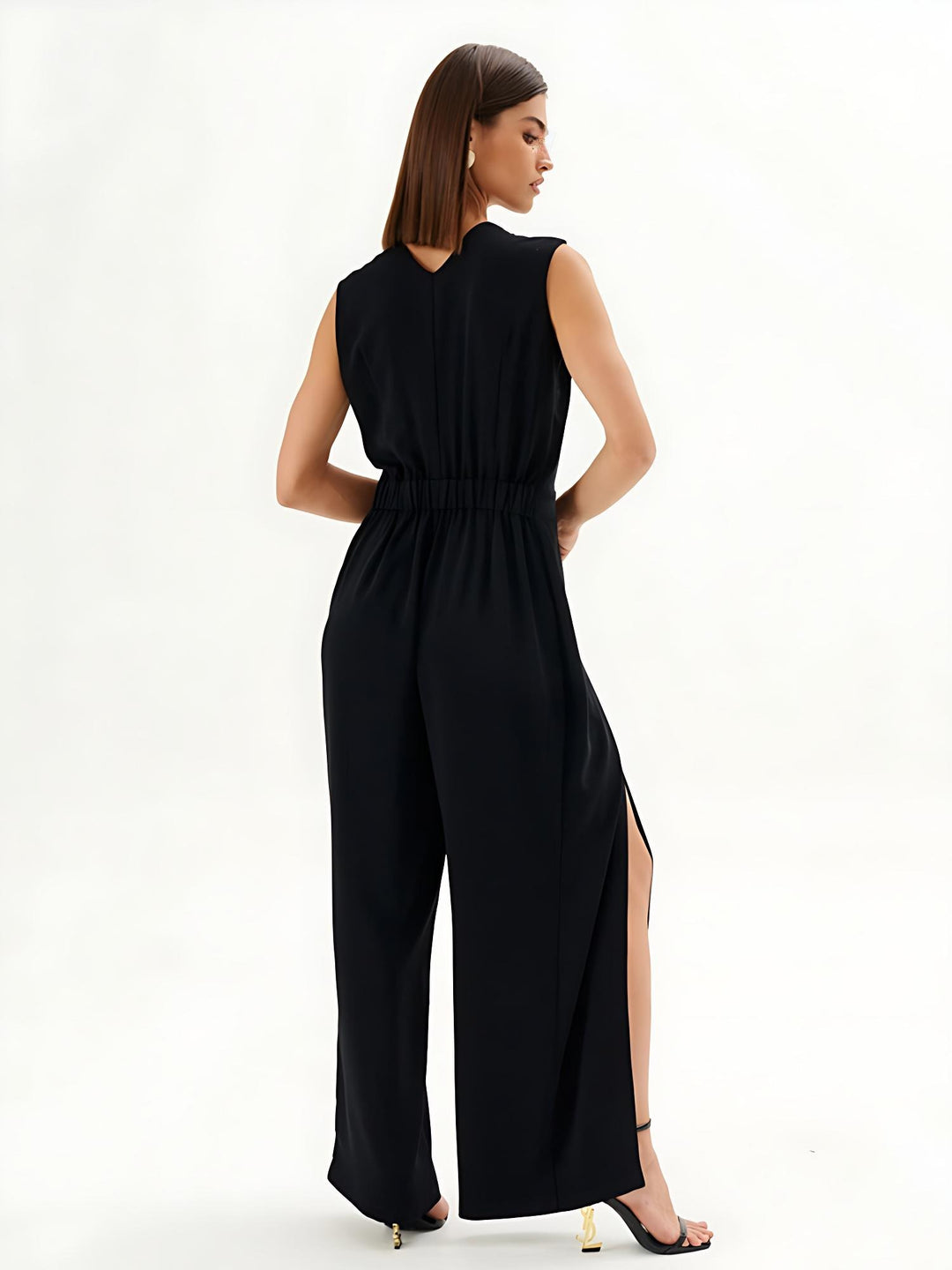 Black Sleeveless Wrap-Effect Wide-Leg Jumpsuit
