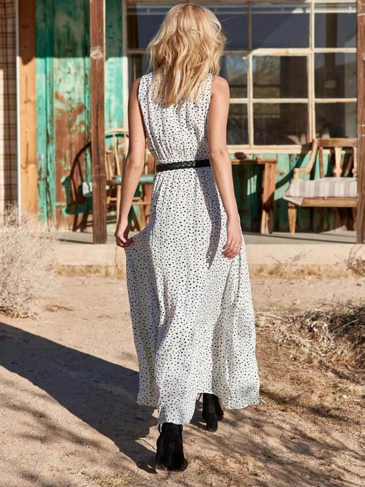 Bohemian V-Neck na walang manggas na Polka-Dot Maxi Dress