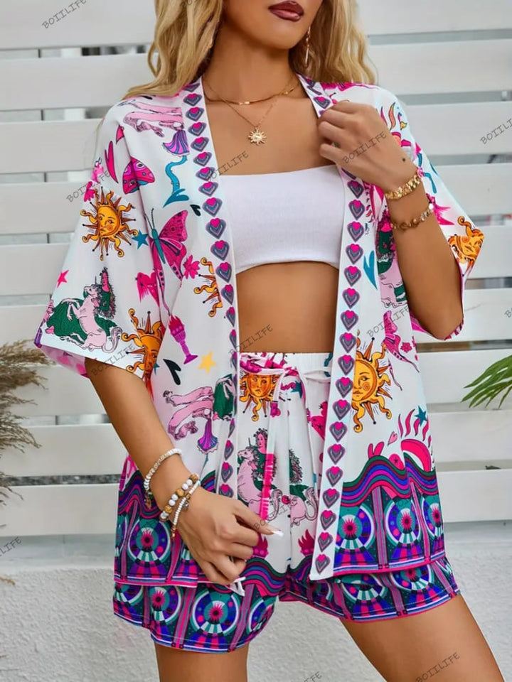 Fashionable Floral Print Casual Cardigan & Shorts Set