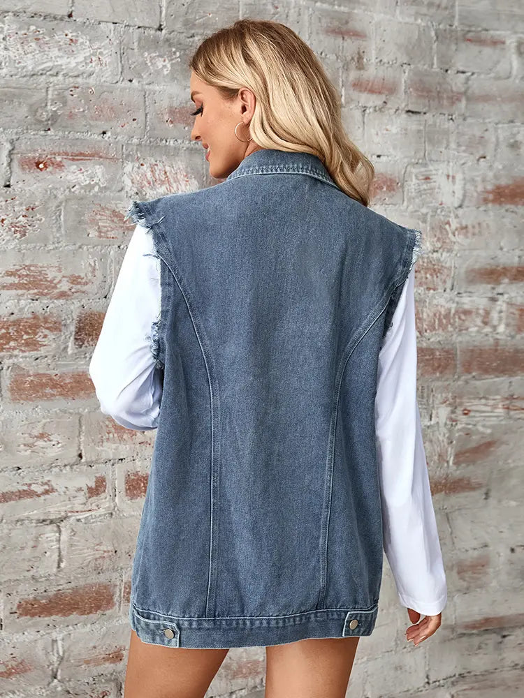 Cardigan sans manches en denim délavé