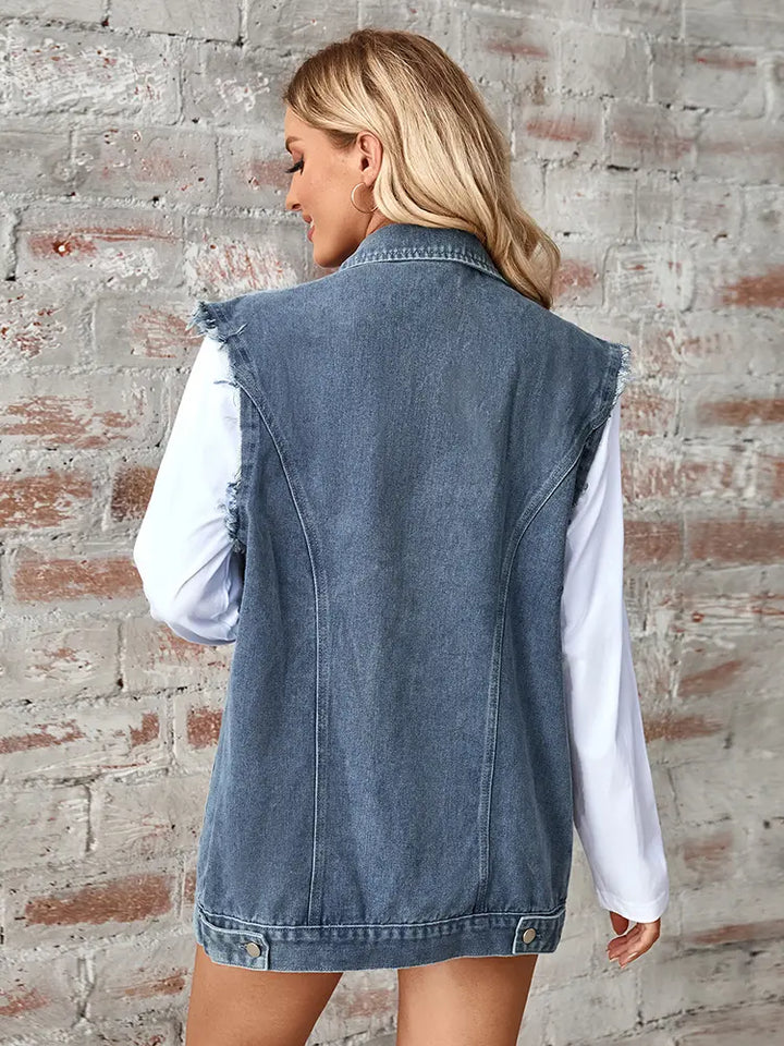 "Washed Denim Sleeveless Cardigan"