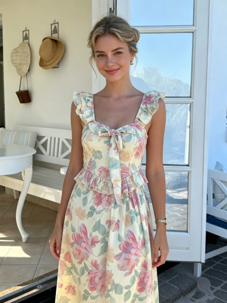 Pastel Floral Ruffle Tie-Back Maxi Dress