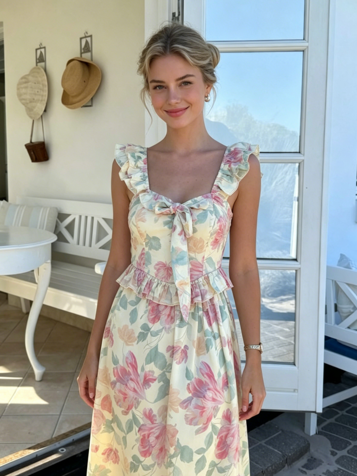 Pastel Floral Ruffle Tie-Back Maxi Dress