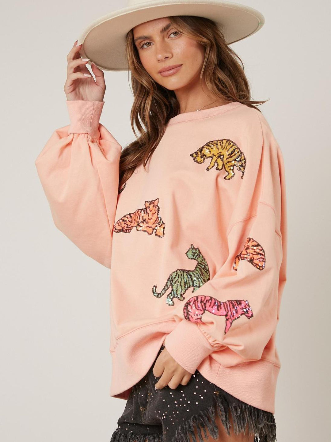 Sequined Animal Loose Fit Long Sleeve Sweatshirt