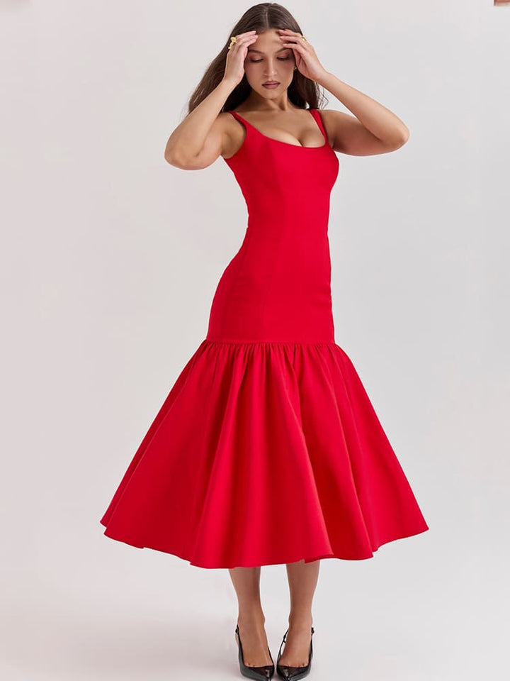 Sexy Low-Waist Bodycon Midi Dress - Scarlet Red