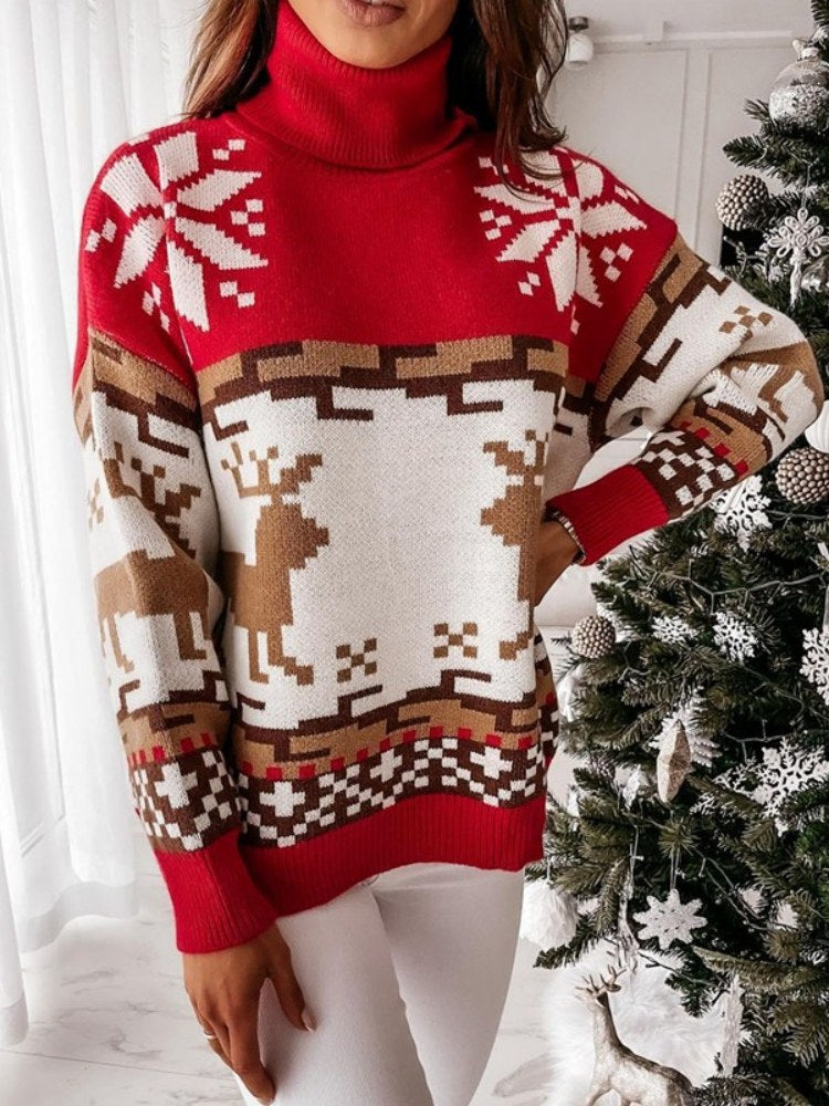 Pull en tricot avec motif de renne et de flocon de neige brodé