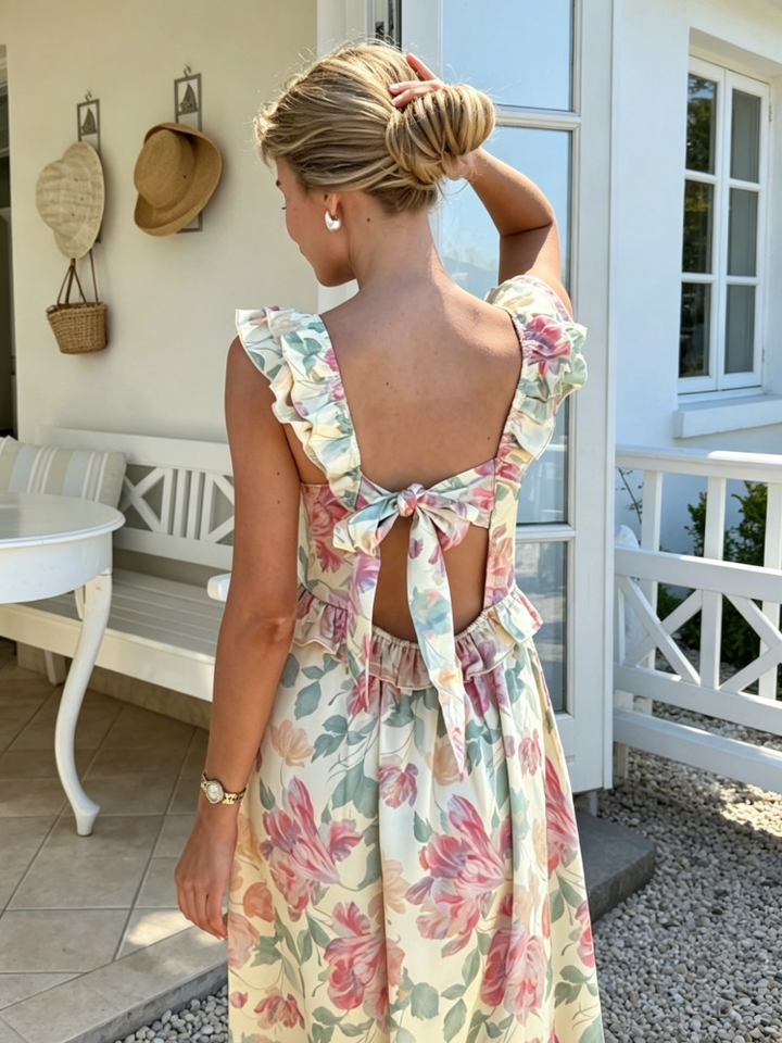Pastel Floral Ruffle Tie-Back Maxi Dress