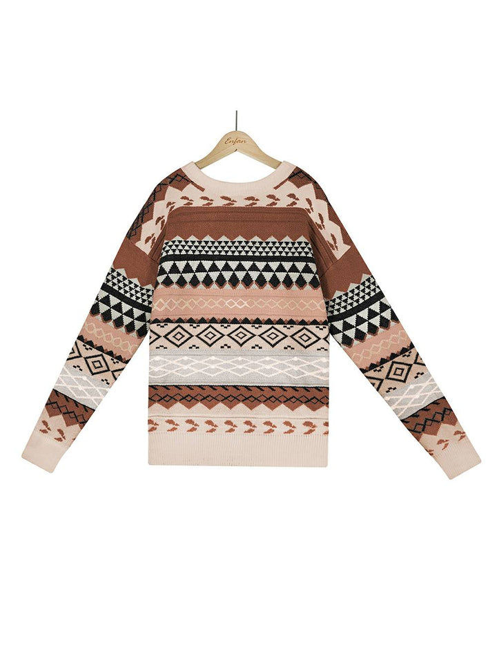 Żakardowy, wielobarwny, patchworkowy sweter z dzianiny