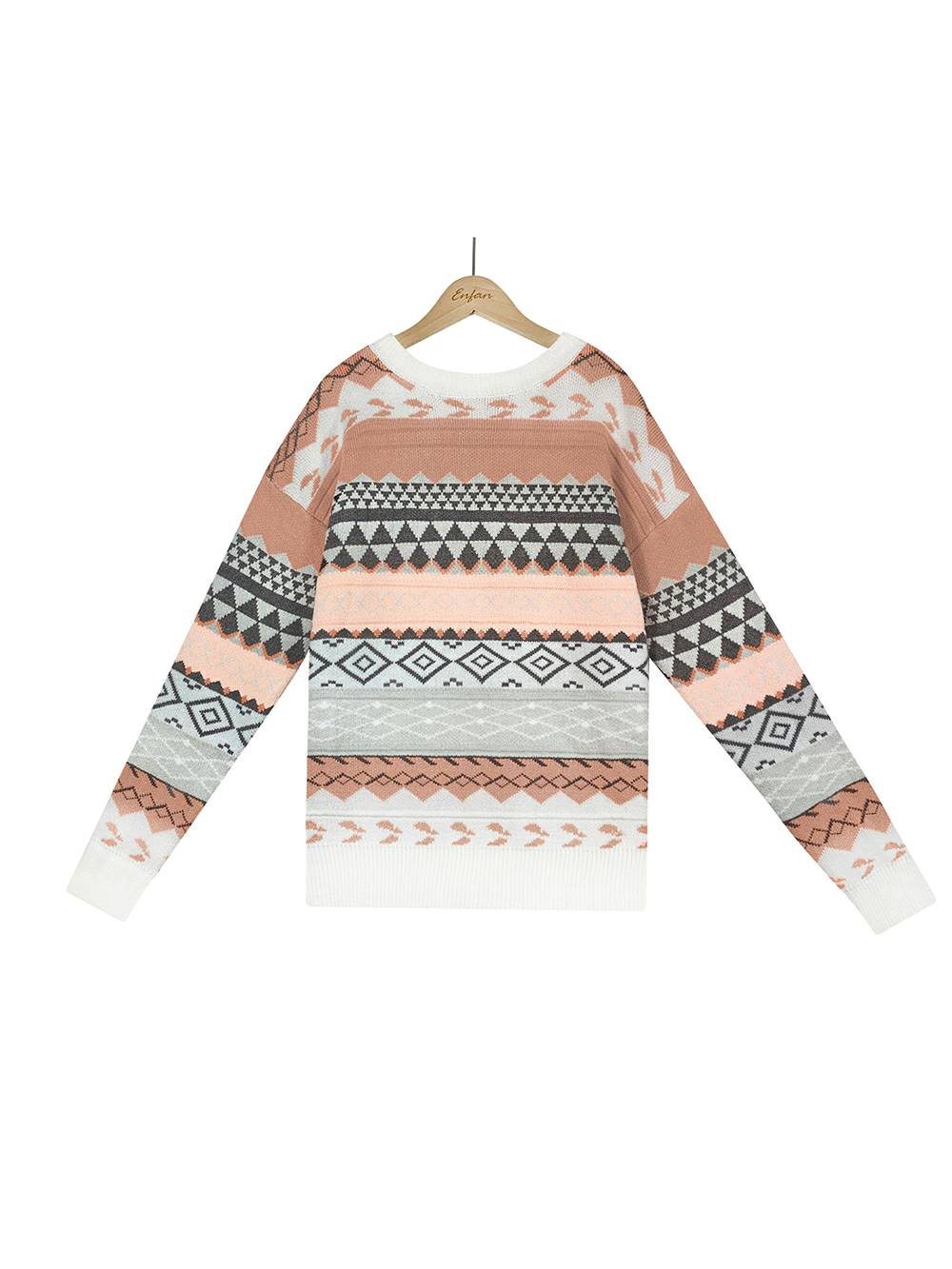 Żakardowy, wielobarwny, patchworkowy sweter z dzianiny
