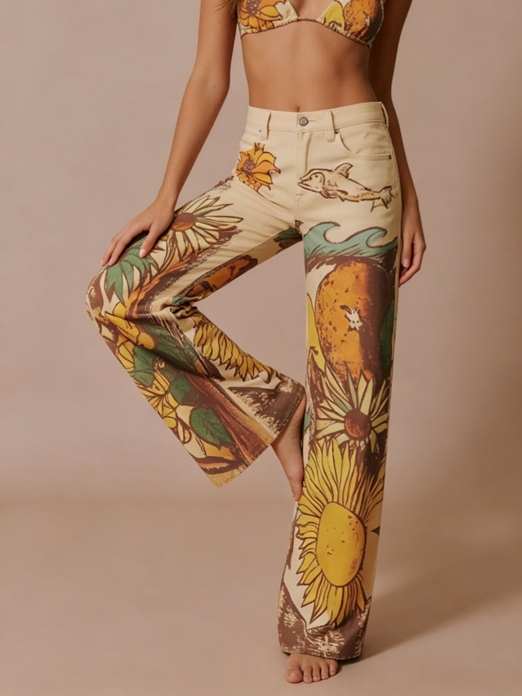 Jeans mit Sonnenblumenmuster, mittelhoch, gerade geschnitten