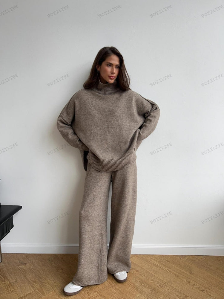 Turtleneck Split Trui Losse Brei Broek Set