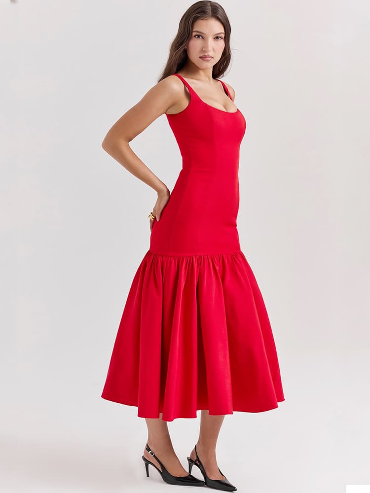 Sexy Low-Waist Bodycon Midi Dress - Scarlet Red