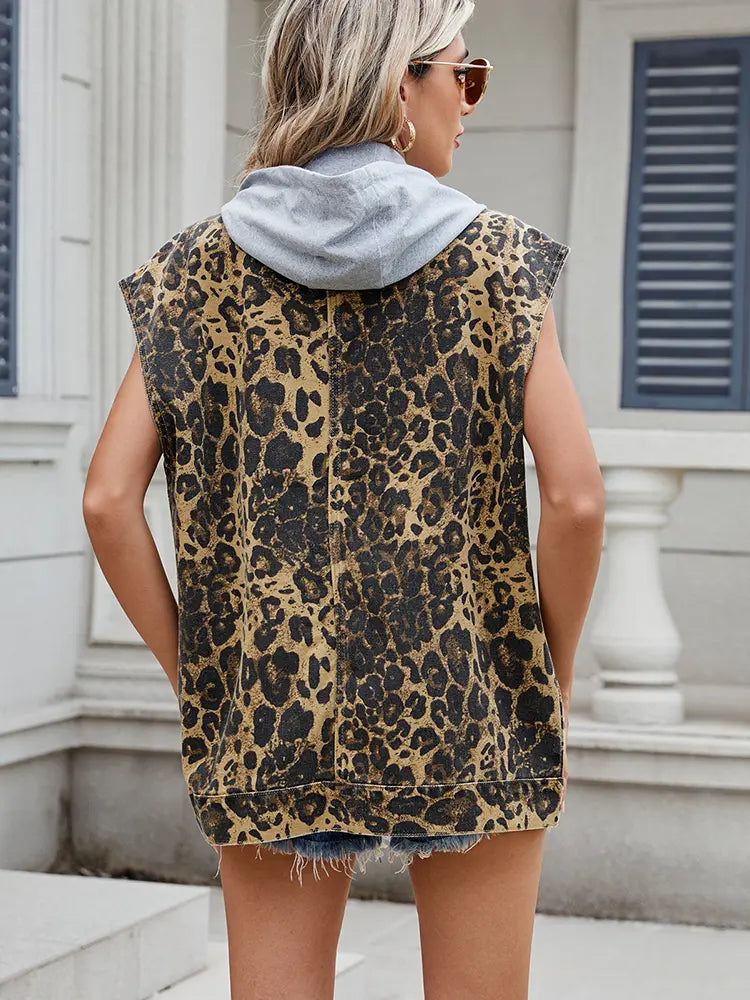 Denim leopardprint hættevest