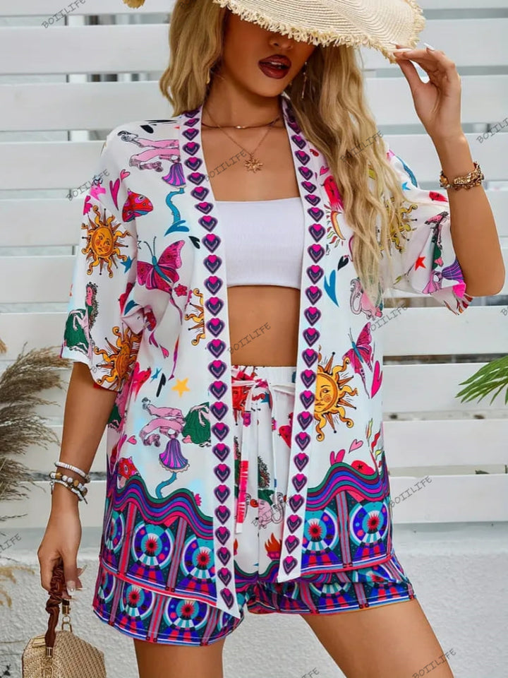 Fashionable Floral Print Casual Cardigan & Shorts Set