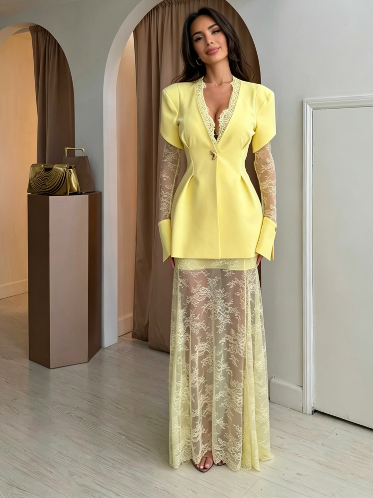 Lemon Lace Blazer & Maxi Skirt Set