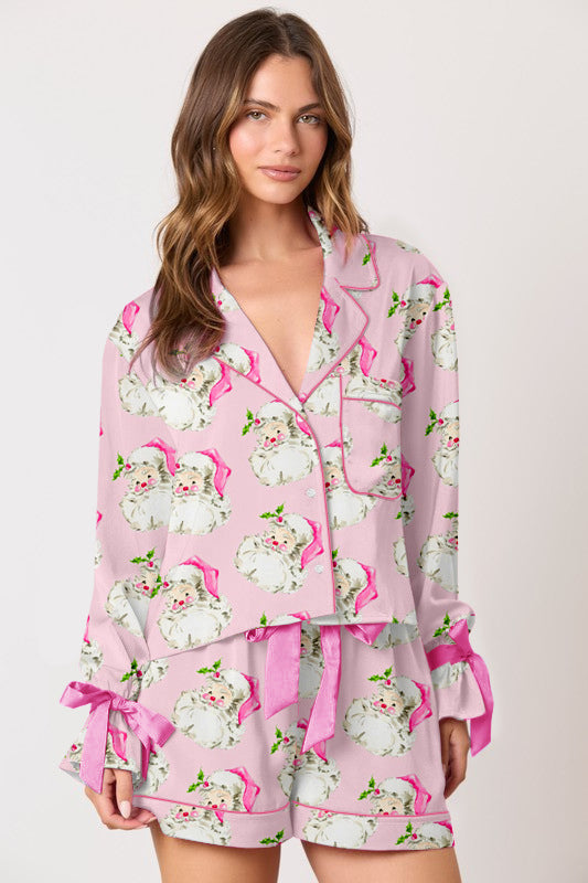 Roze Geprinte Schattige Kerstman Hoofd Pyjama Set