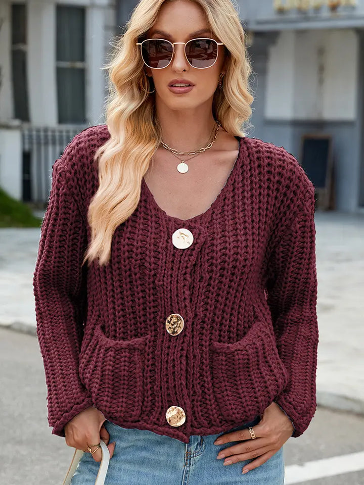 V-Neck Button-Up Knit Cardigan