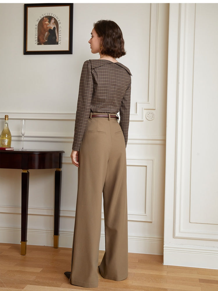 French Vintage Off-Shoulder Plaid Blouse