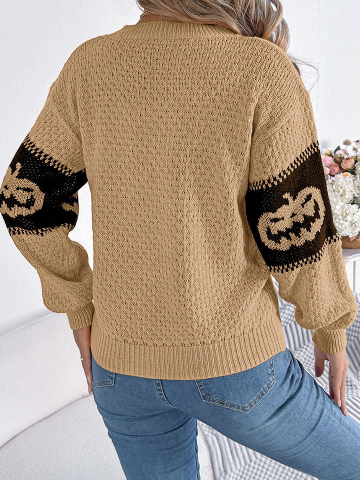 Halloween græskar hoved farve-blok rund hals strik sweater