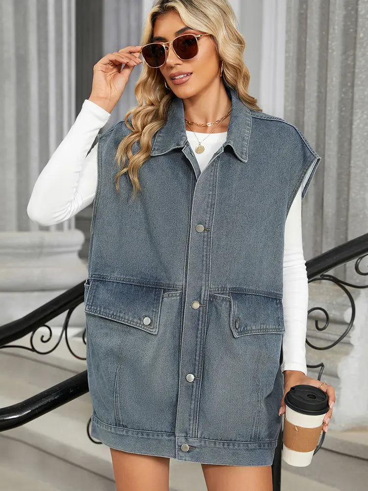 Gilet in denim a tasche larghe lavato