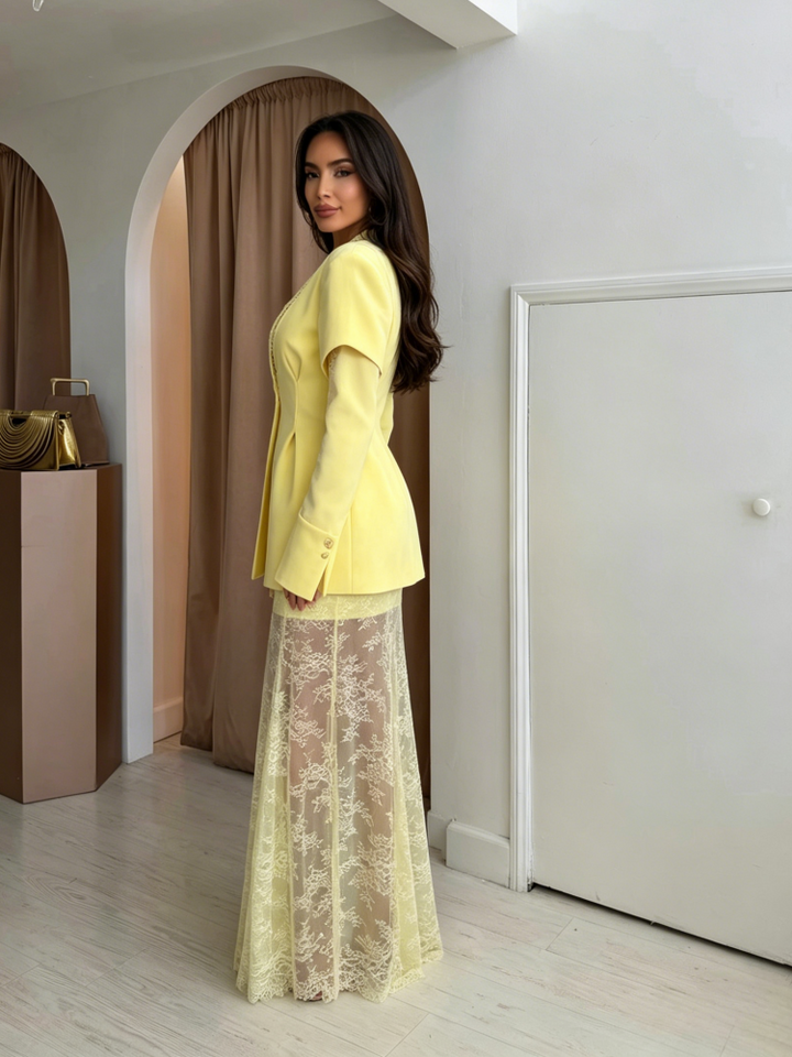 Lemon Lace Blazer & Maxi Skirt Set