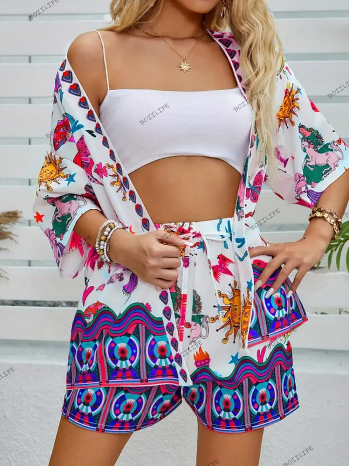 Fashionable Floral Print Casual Cardigan & Shorts Set