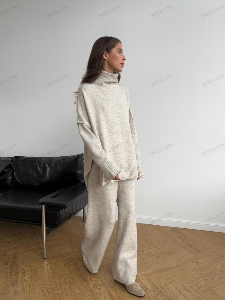 Turtleneck Split Sweater Løs Strik Bukser Sæt