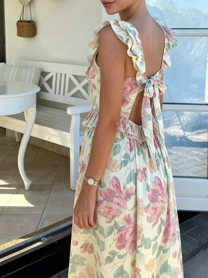Pastel Floral Ruffle Tie-Back Maxi Dress