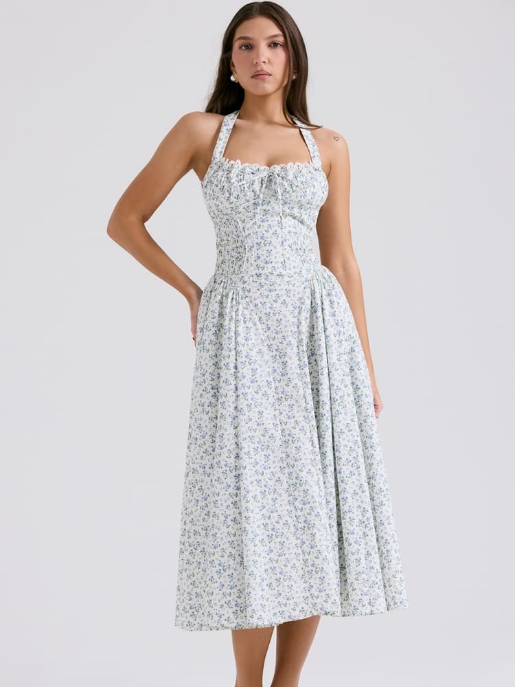 Rochie albă fără spate cu Halter, cu imprimeu floral Bluebell