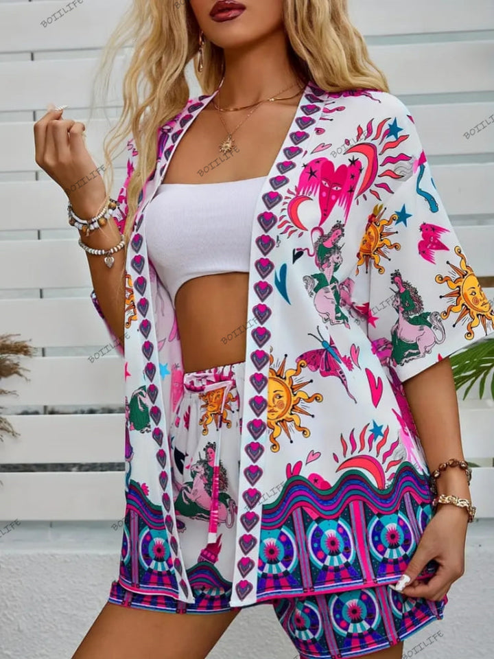 Fashionable Floral Print Casual Cardigan & Shorts Set