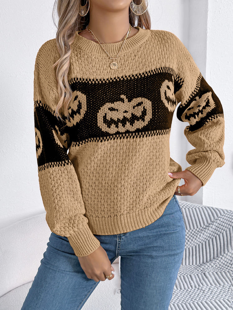 Halloween græskar hoved farve-blok rund hals strik sweater