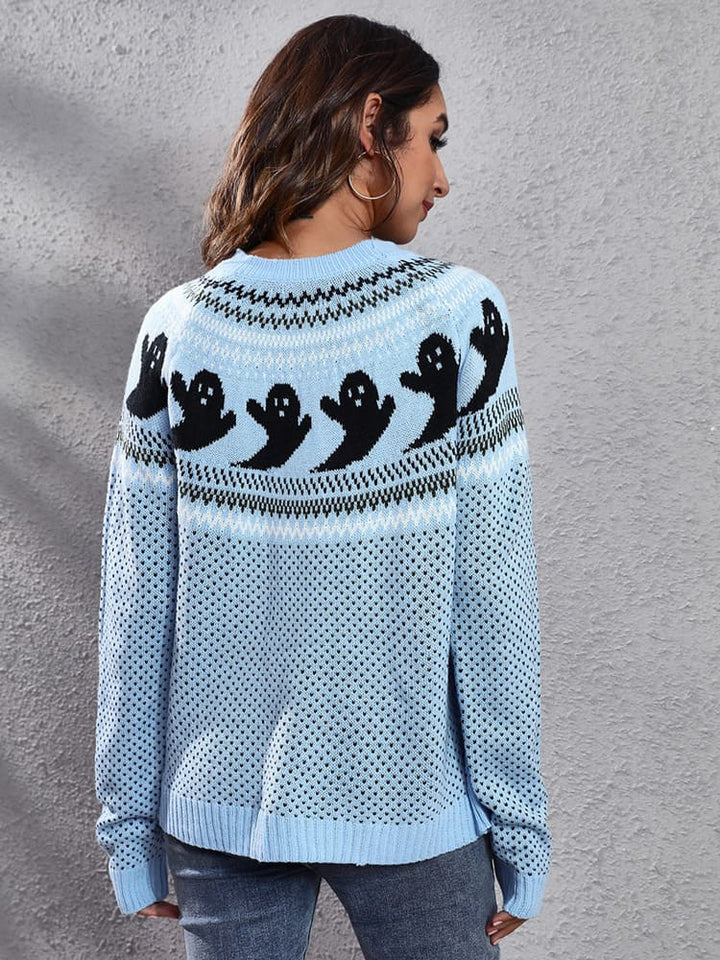 Gestrickter Pullover mit Rundhalsausschnitt und literarischem Retro-Geistermuster